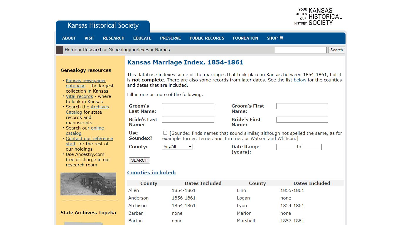 Kansas Marriage Index, 1854-1861 - Kansas Historical Society